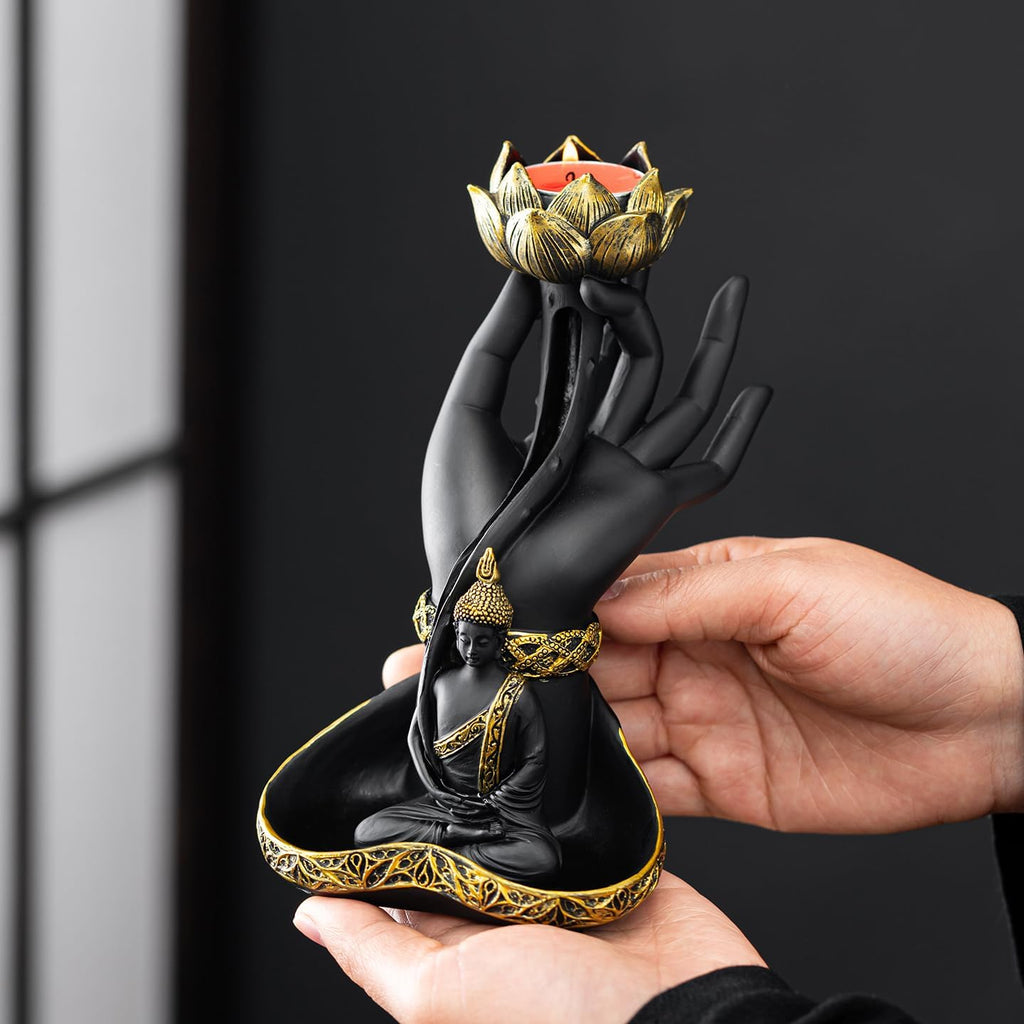 7.9 inch Resin Buddha Hand Backflow Incense Burner with Lotus