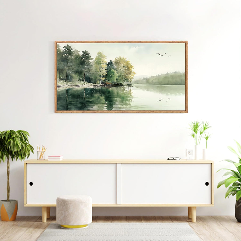 Framed Nature Canvas Wall Art Set,Misty Forest Wall Decor,Green Mountain Forest Pictures,Lake Water Painting set of