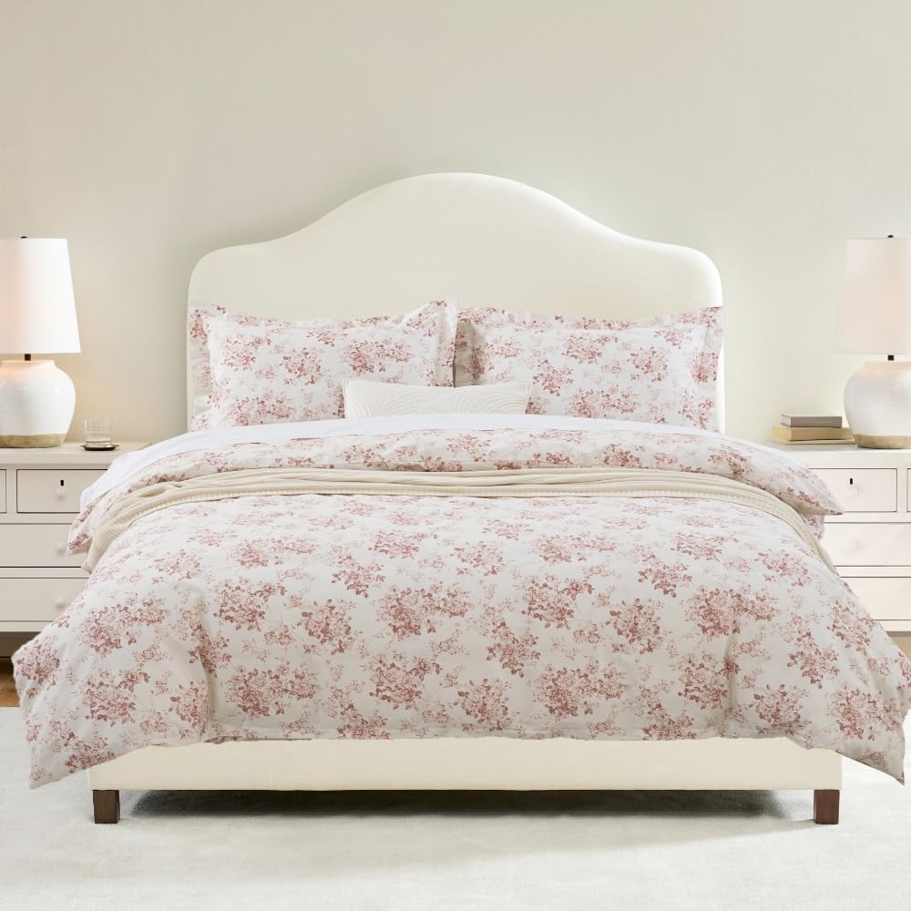Duvet Cover Set - 90"x90" Cover + 2 Shams, 100% Cotton Print Bedding Sets, Toile Rose Floral Pattern, Pale