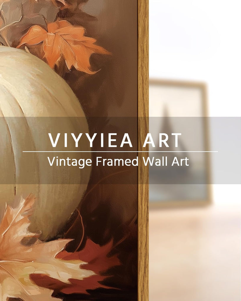 Vintage Framed Canvas Wall Art, Pumpkin and Leaves Fall Art Prints, Rustic Autumn Harvest Decor Kitchen Entryway