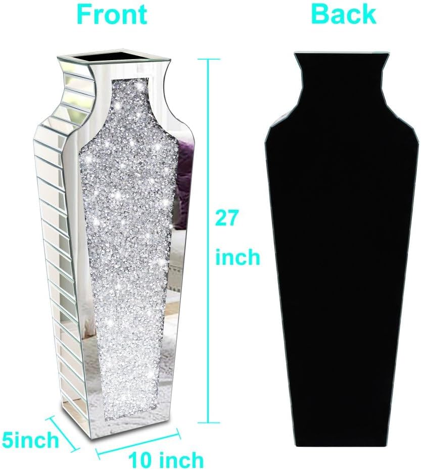 27" Tall Diamond Mirrored Floor Vase Silver Glass Decor for Flower No Water | Sparkling diamond mirror glass.