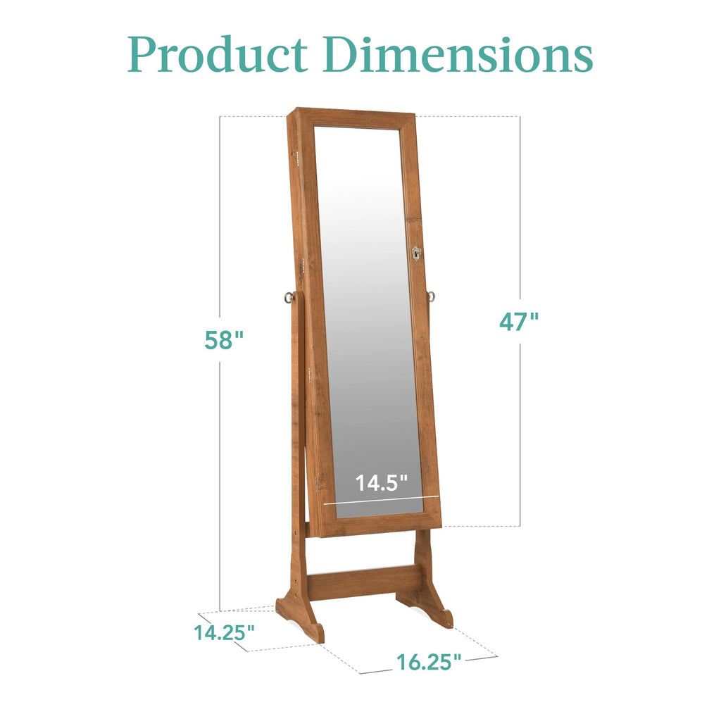 Freestanding Jewelry Armoire Cabinet, Full Length Standing Mirror, Lockable Makeup Storage Organizer, w/Velvet