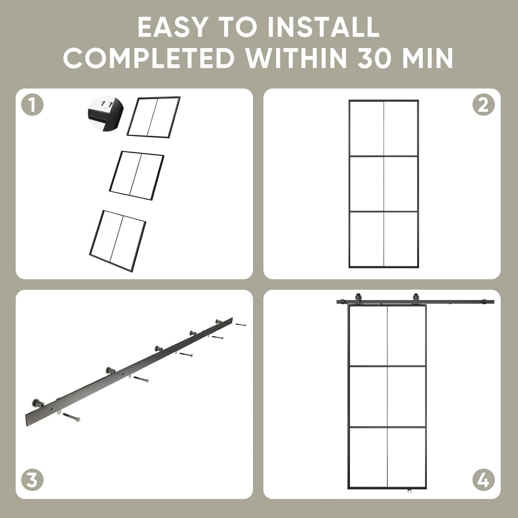 38in x 96in Glass Sliding Barn Door with 6.6ft Hardware kit, 3-Panel Black Aluminum Frame and Clear 