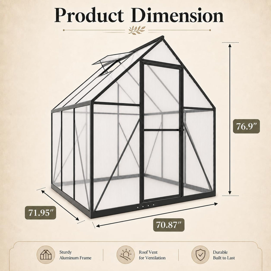 6 x 6 FT Polycarbonate Greenhouse for Outdoors, Heavy Duty Walk-in Greenhouses with Roof Air Vent, Aluminum Outdoor