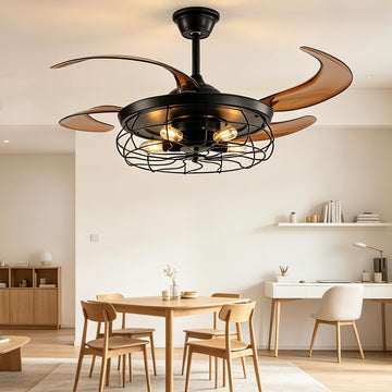 48" Retractable Ceiling Fan with Light Remote 6-Speed Black Industrial