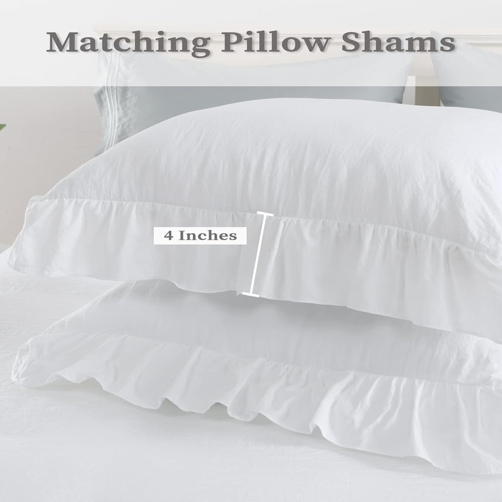 White Ruffle Duvet Cover Queen, 3PCS Soft Washed Microfiber Vintage French Country Duvet Cover Set for Queen Bed