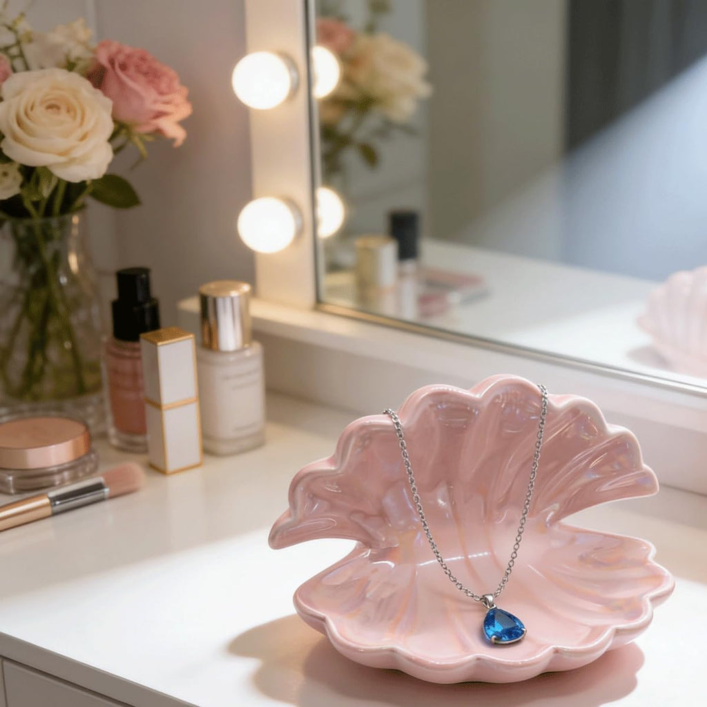 Ceramic Seashell Jewelry Tray Ring Dish - Pink Decorative Bowl for Vanity Dresser, Coastal Trinket Dish Holder