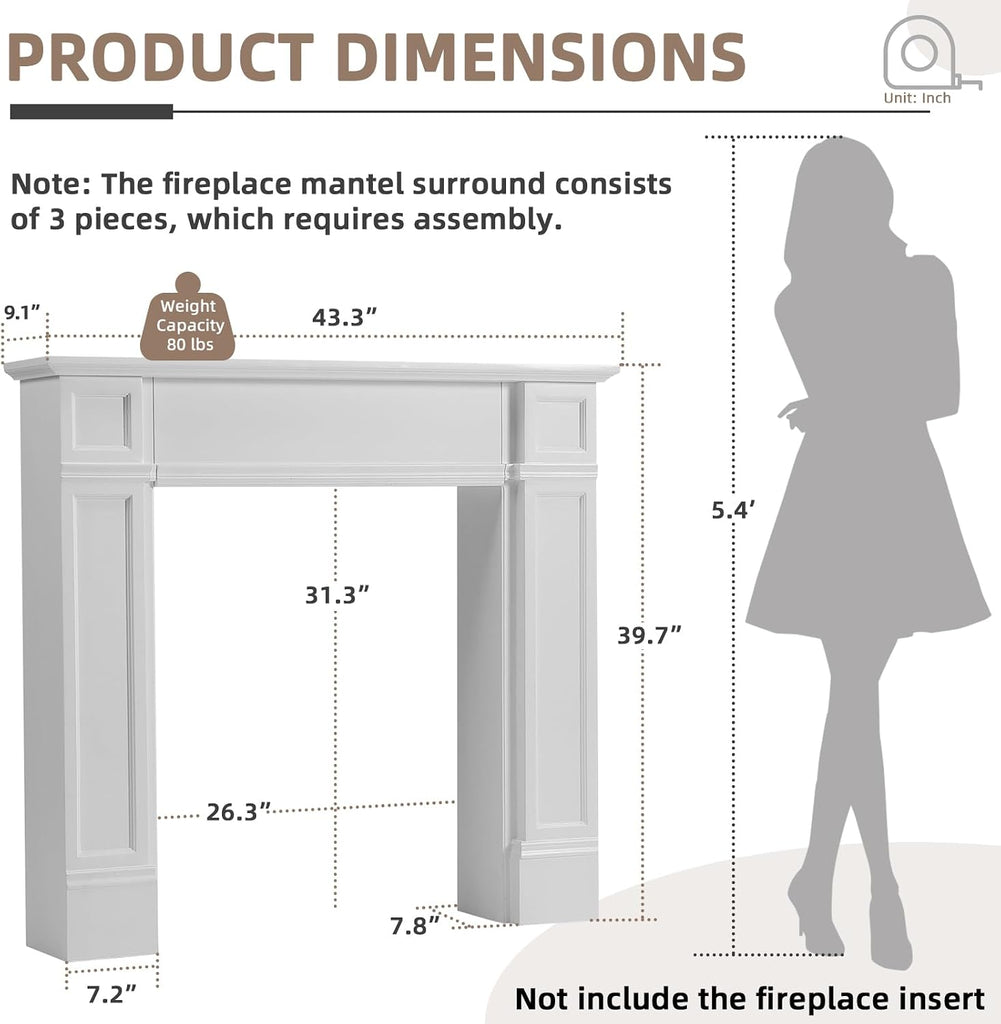Modern Surround, White Freestanding Surround Mantel for Electric Fireplaces, Premium MDF Wooden Mantel with Leg for