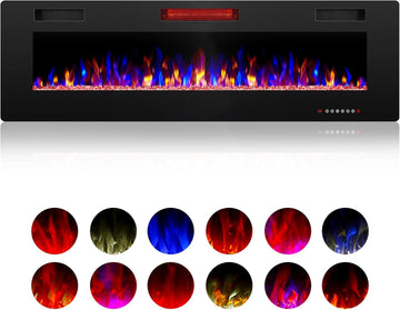 42" Electric Fireplace with Remote Ultra-Thin & Quiet Wall-Mounted Recessed Heater, Adjustable 12-Color Flame