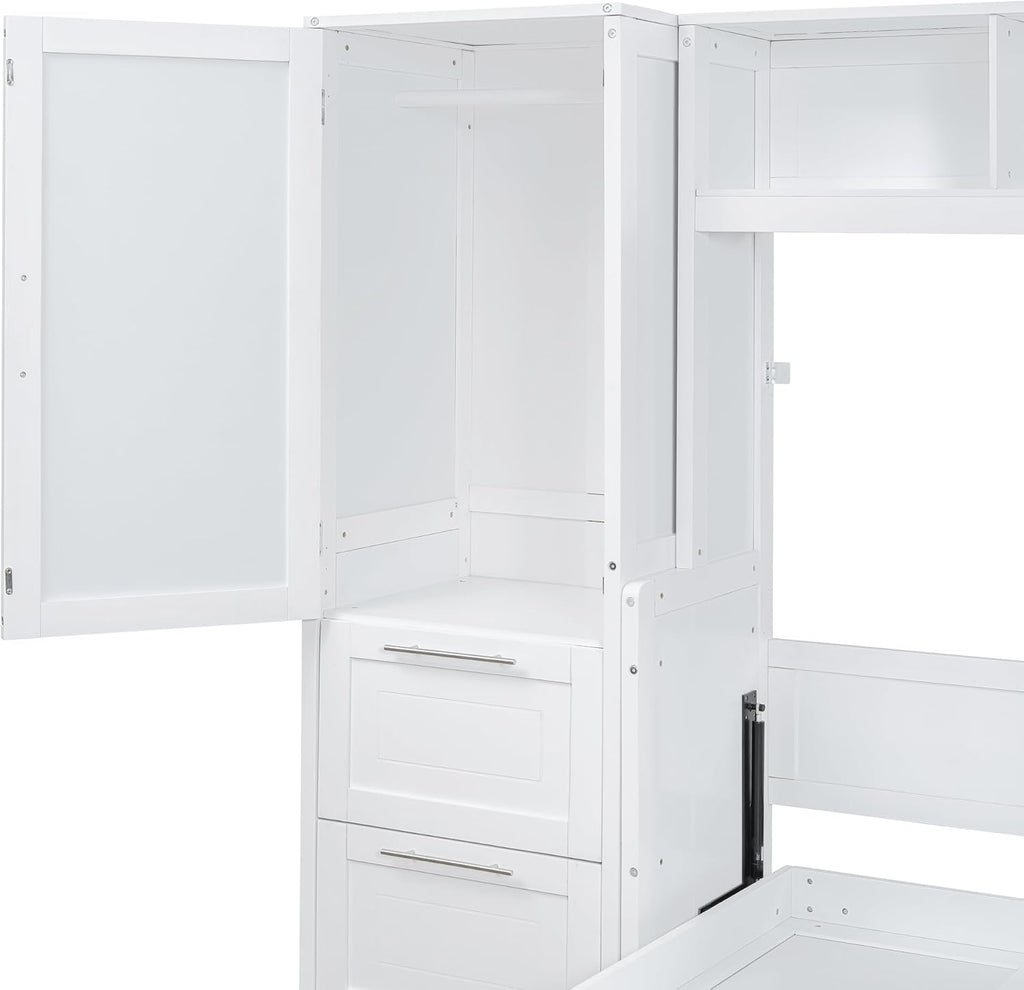Queen Horizontal Murphy Bed with Desk, Wardrobe, Storage Drawers & Shelves, White