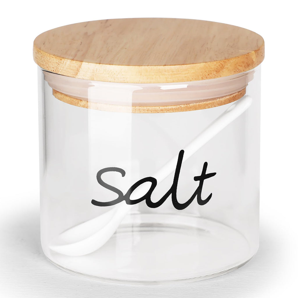 Clear Glass Salt Bowl with Spoon and Silicone Sealing Lid, Farmhouse Kitchen Countertop Canisters, Container Jar
