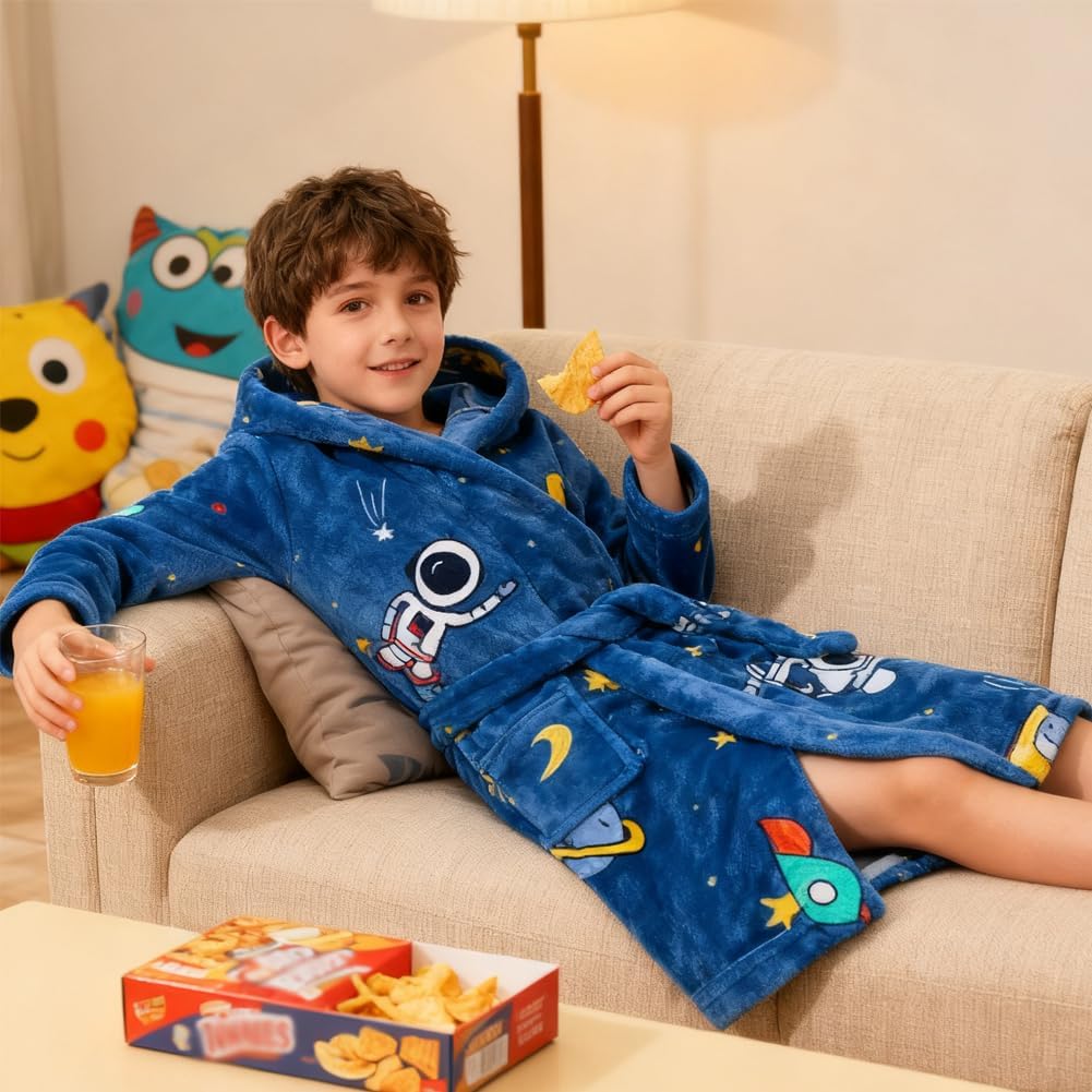 Boys Girls Robe Soft Fleece Hooded Bathrobe for Kids