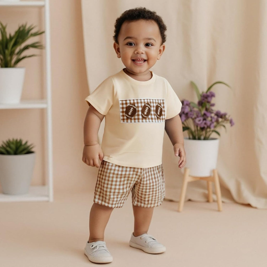 Kids Baby Boy Girl Football Outfit Embroidery Short Sleeve Shirt Plaid Shorts Cute Toddler Clothes Clothing Set