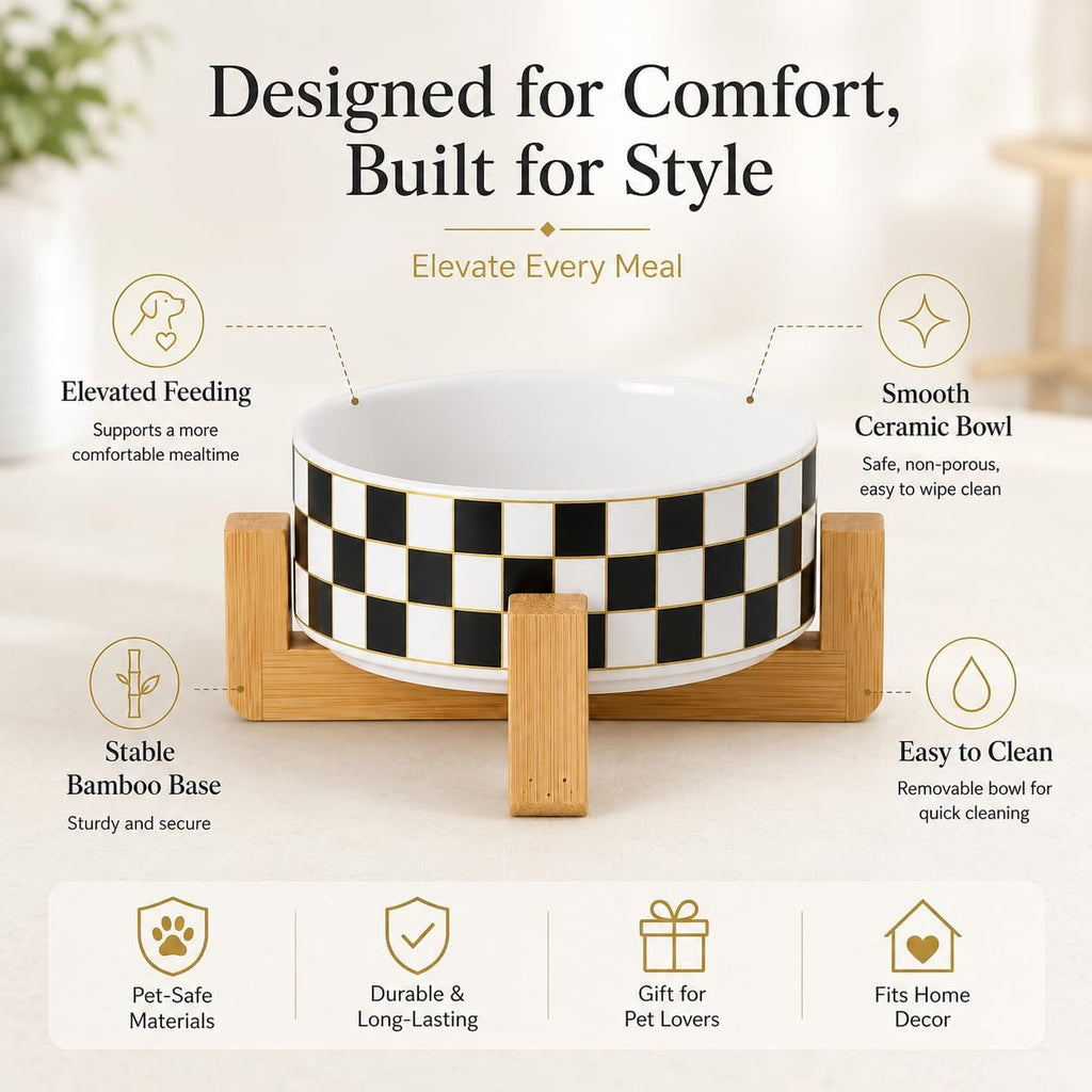 Checkered Ceramic Dog Bowl with Wood Stand, Black and White Dog Food and Water Bowl Set, Elevated Puppy Food Bowls