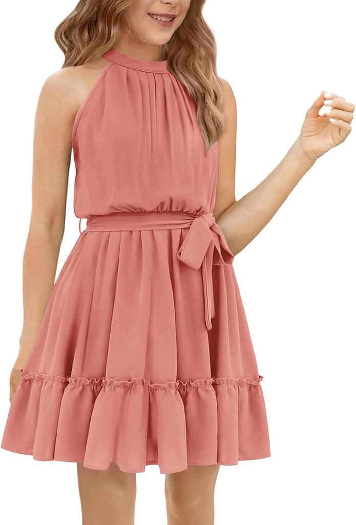 Girl's Halter Summer Dress Tween Tie Waist Pleated Dresses