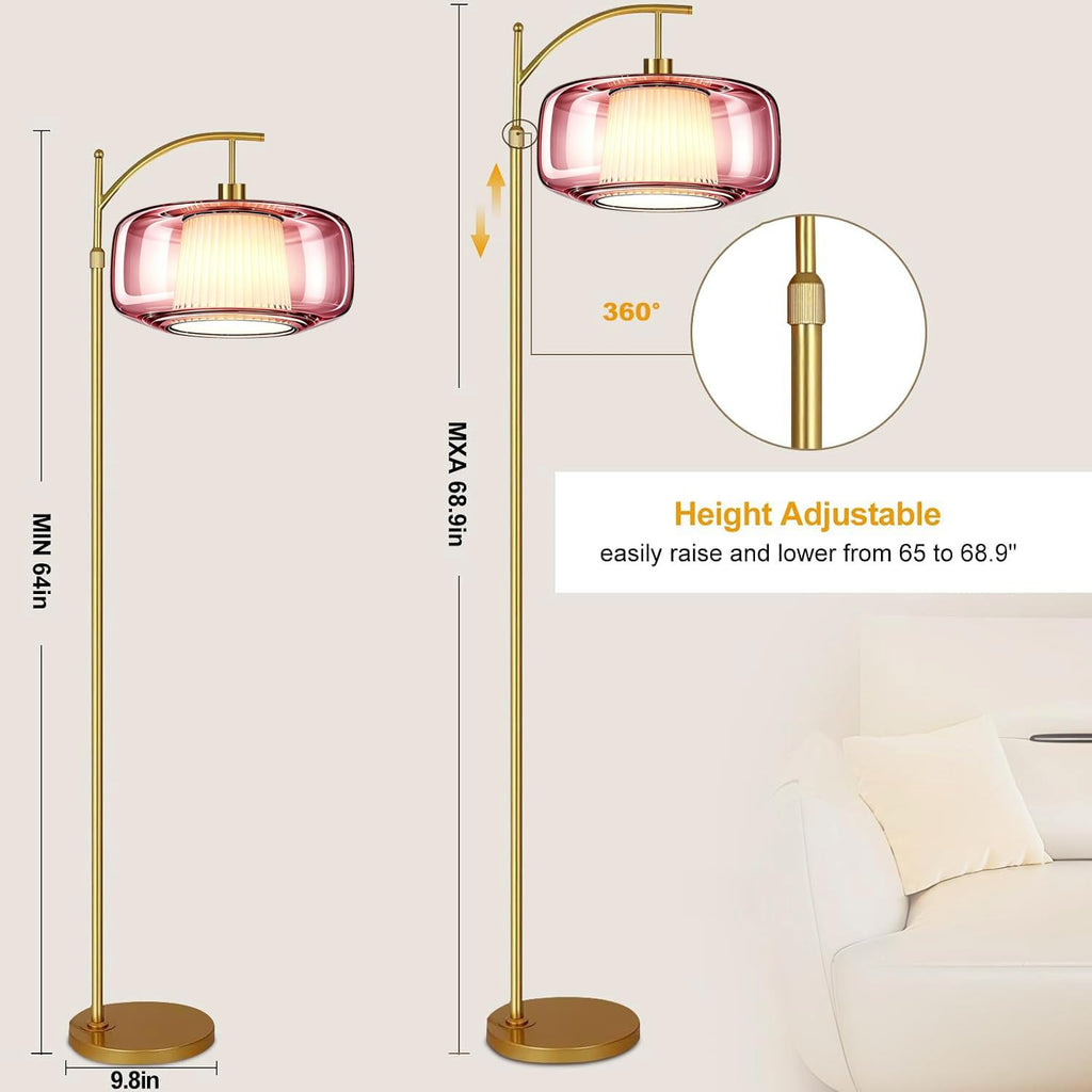 Pink Floor Lamp, Gold Dimmable Standing Lamp with Remote, Mid Century Modern Brass Tall Lamp Boho Floor Lamps Arc