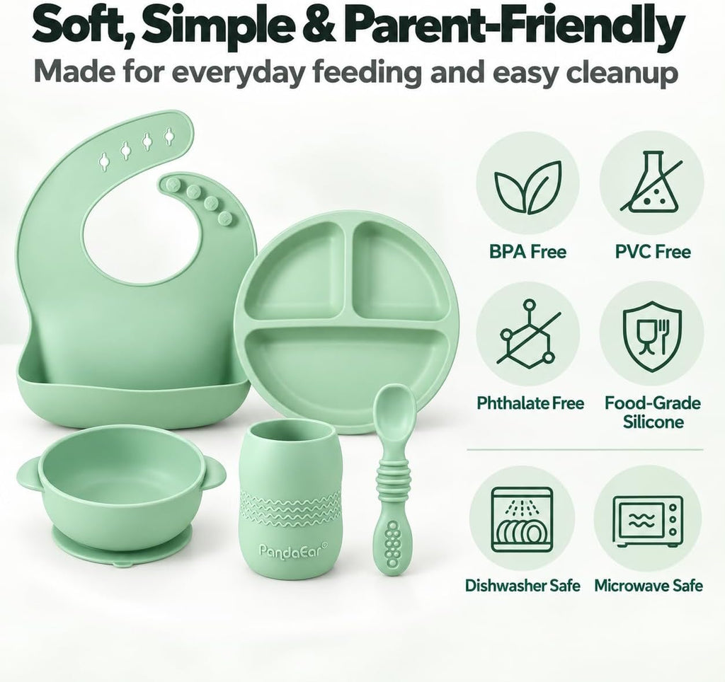 Silicone Baby Feeding Set, 6-12 Months, Bib Plate Bowl Cup Spoon