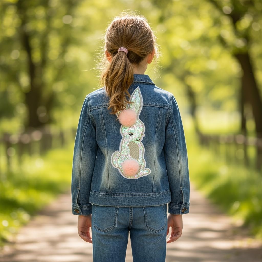 Peaoclate Little Big Girls Embroider Rabbit Denim Jacket