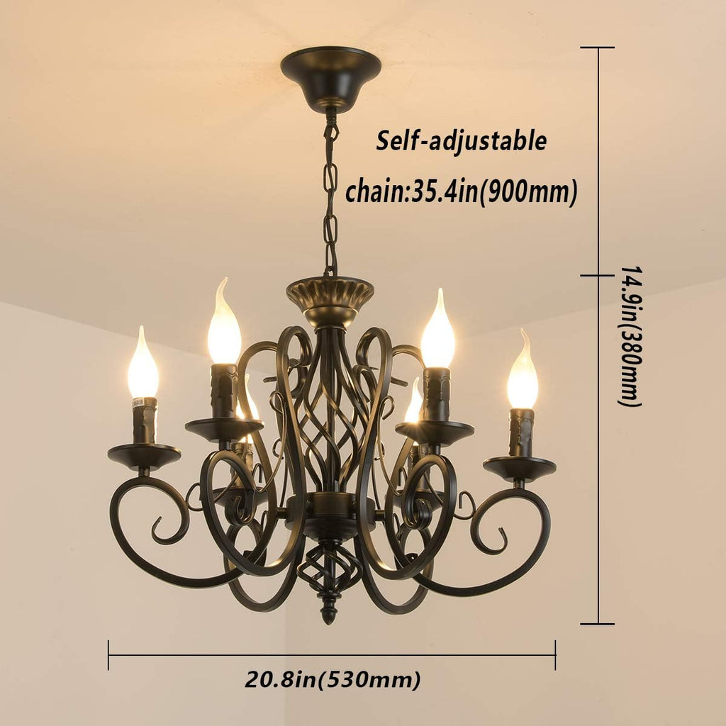 Black French Country Chandelier,6 Lights Farmhouse Candle Iron Chandeliers,Vintage Metal Pendant Light Fixture for Kitchen Island,Dining Room,Bedroom A109-B07S8P1D9P