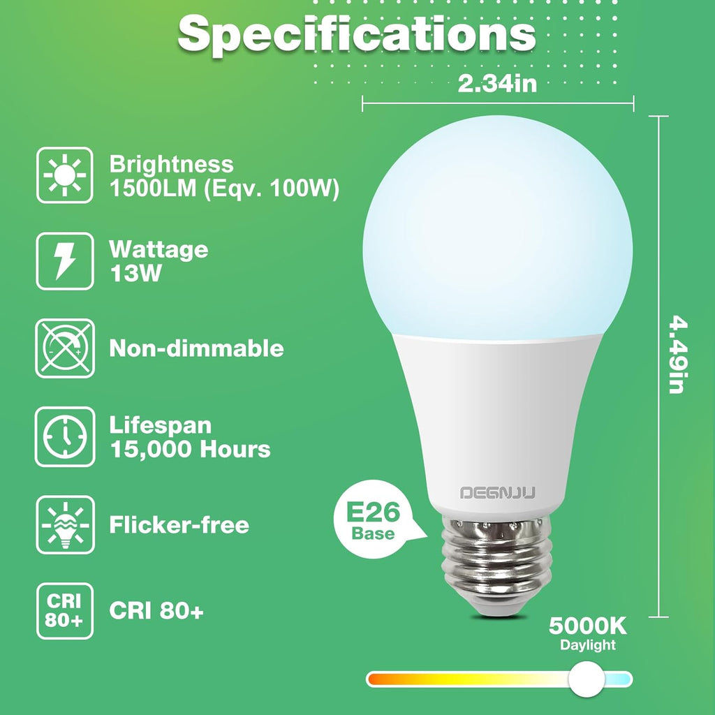 LED Light Bulbs, 100 Watt Equivalent LED Bulbs A19, 5000K Daylight Light Bulb, 1500 Lumens, E26 Standard Base, Non