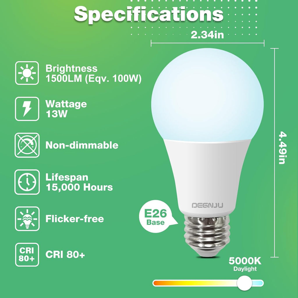 A19 LED Light Bulbs Daylight 5000K, 100 Watt Equivalent LED Bulbs, 1500 LM, 15000 Hours, E26 Base, Non-Dimmable, 13W