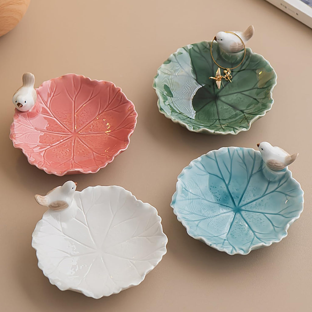 Cute Bird Lotus Ceramic Trinket Dish,Jewelry Ring Dish, Ceramic Trinket Tray, Key Bowl, Dessert Plate,Bathroom