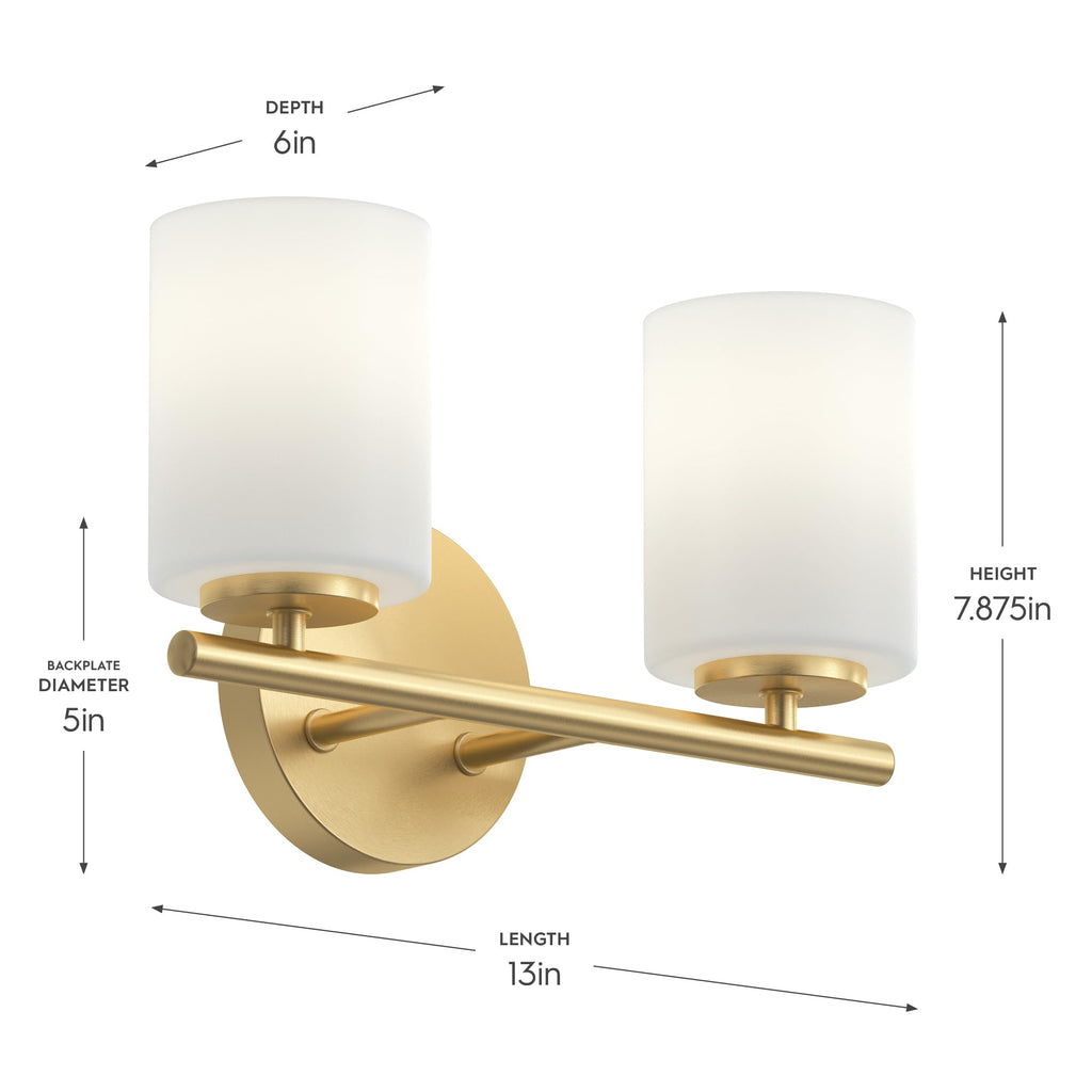 Replay 13 Inch 2-Light Vanity Light, Transitional, Brushed Gold with Etched Glass Shades, (7.875" H x 13" W x 6" D)