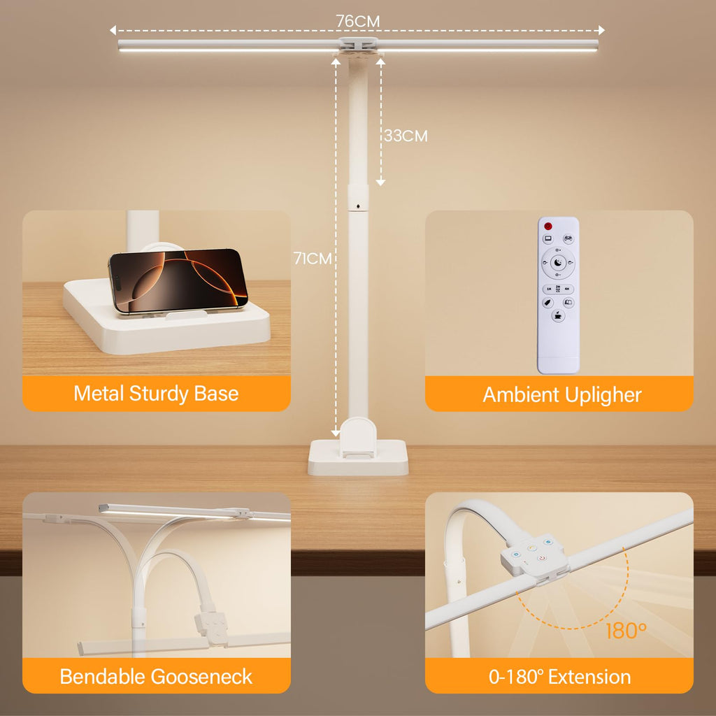 LED Desk Lamp with Base - Bright Dimmable Computer Lamp with Phone Holder, 24W Bendable Desk Light for Monitor