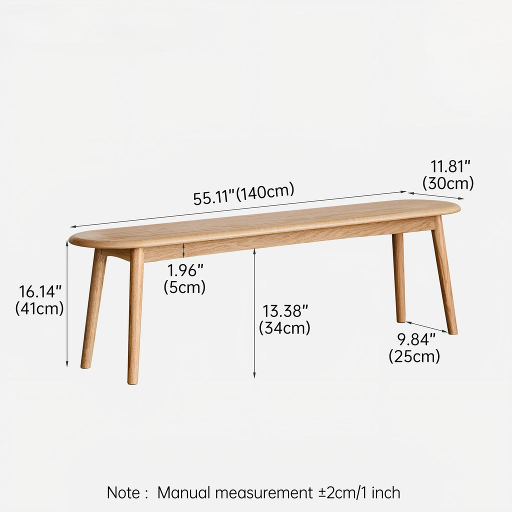 55" Solid Oak Wood Entryway Bench, Dining Bench with Rounded Baguette-Shape Design, Multipurpose Wooden Bench End of