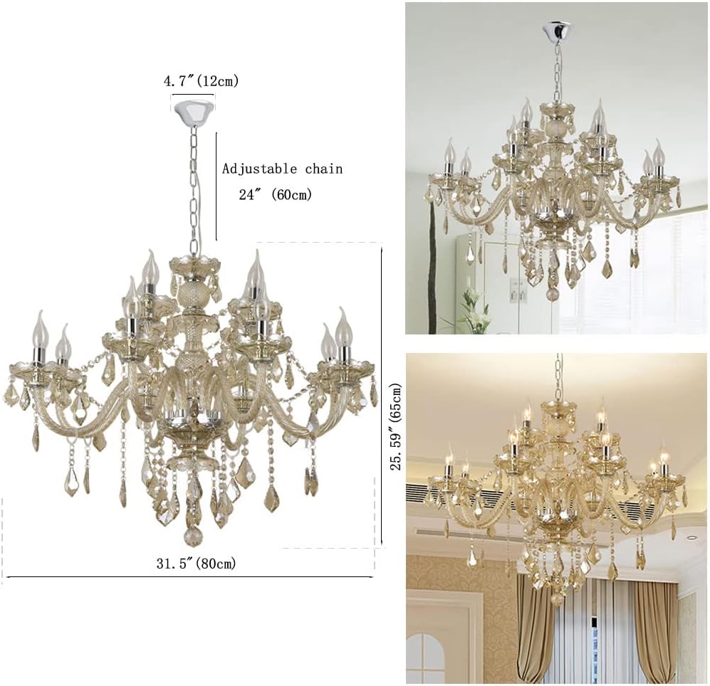 Modern Luxury K9 Crystal Chandelier, 12-Light Cognac Crystal Pendant Light,Candle Style Crystal lamp Lighting Fixture for Dining Room,Hotels, Hall Way, Bars, Restaurants (12 Lights) A110-B09BM3WMKD