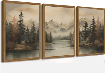 Framed Mountain Landscape Wall Art Canvas Print Vintage Forest Lake Nature Painting Picture Ready to Hang Living Room