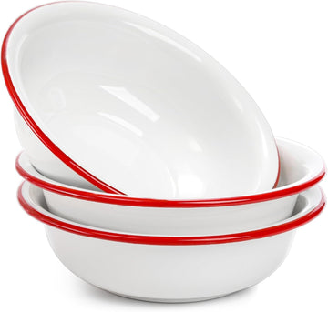 3 Pack 8 Inch Enamel Bowl, 34 Oz Large Enamel Mixing Bowl Reusable Enamel Salad Bowl, Vintage Red and White