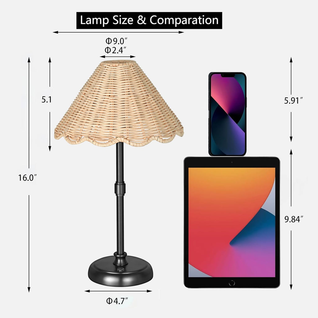 Cordless Boho Rattan Table Lamp Black, 5200-mAh Rechargeable Battery, 3-Level Brightness Dimmable, Build