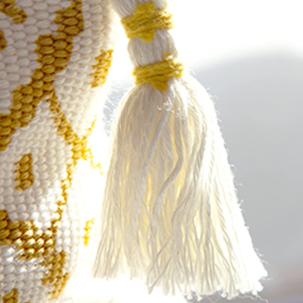 Prague Printed Tufted Tassel Square Pouf Cover, Cotton, Yellow