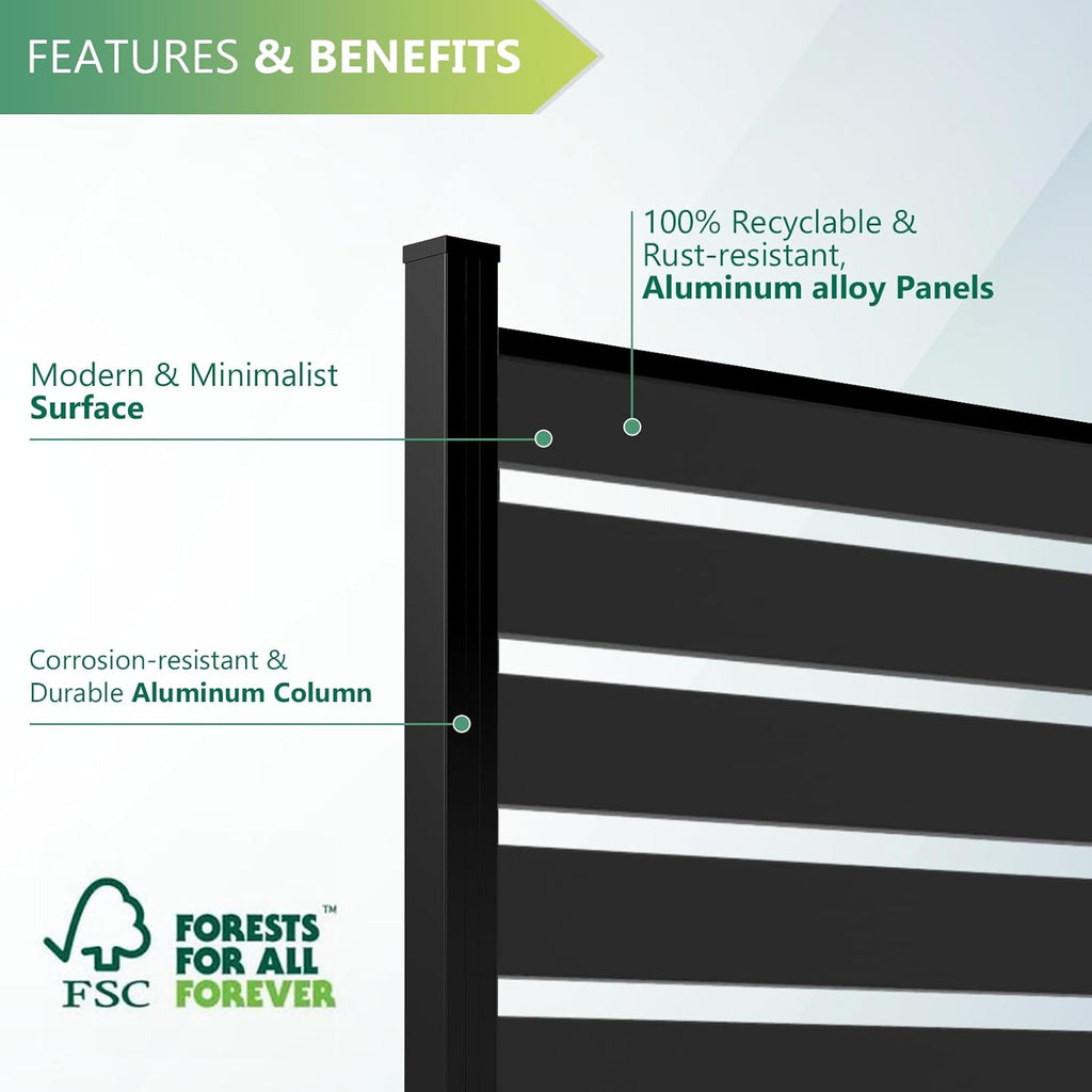 Aluminum Privacy Fence Panels for Outside, 6ft x 6ft Horizontal Metal Fencing with 1 No-Dig Post, Rustproof & Wind