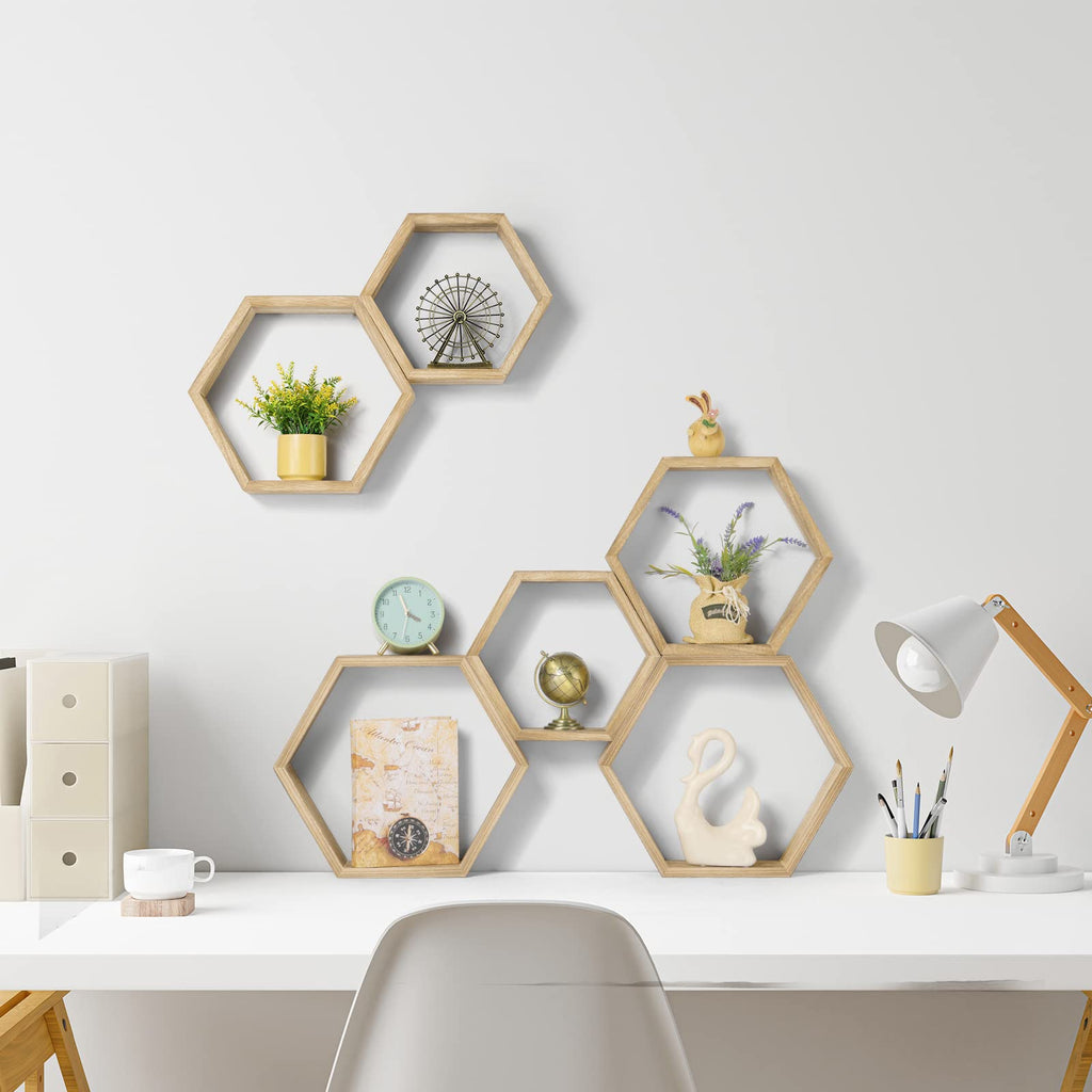 Hexagon Floating Shelves Set of 6, Honeycomb Wall Shelf, Light Brown