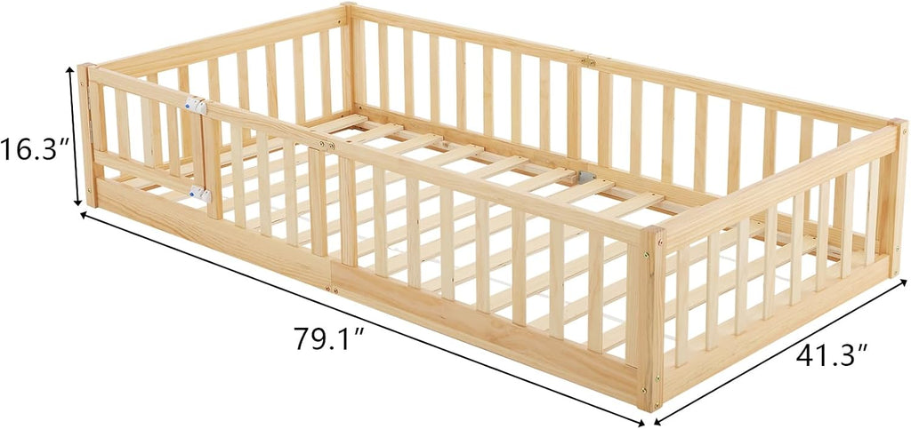 Montessori Floor Bed, Solid Wood Kids Bed Frame with Slats, Door and Safety Guardrails, 2 Door Latches, No