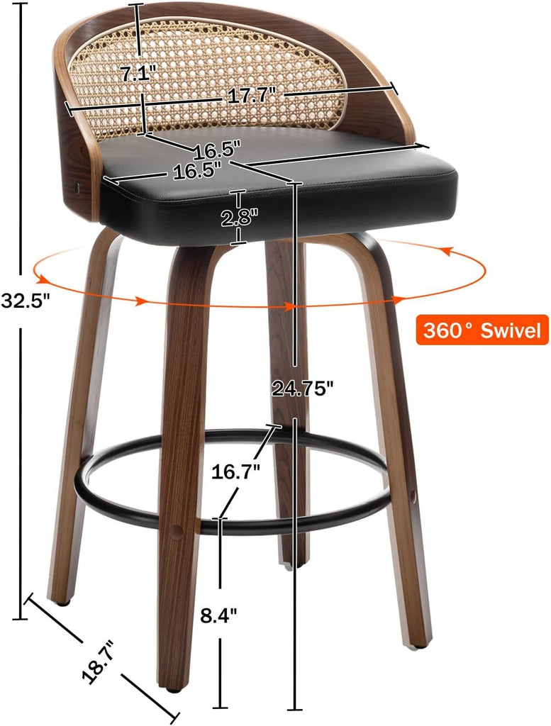 Swivel Rattan Bar Stools Set of 2 with Back, Black Leather barstool chairs