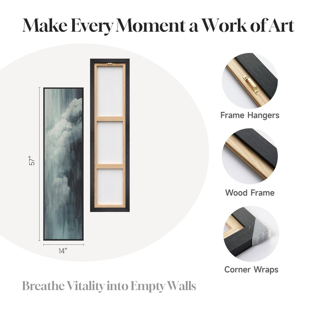 Framed Long Narrow Blue Cloud Abstract Modern Vertical Wall Art, 14x56 Inch