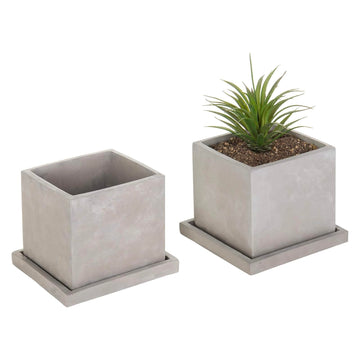 5-Inch Square Gray Cement Plant Pot with Drainage, Small Flower Succulent Planters with Removable Saucer Trays, Set