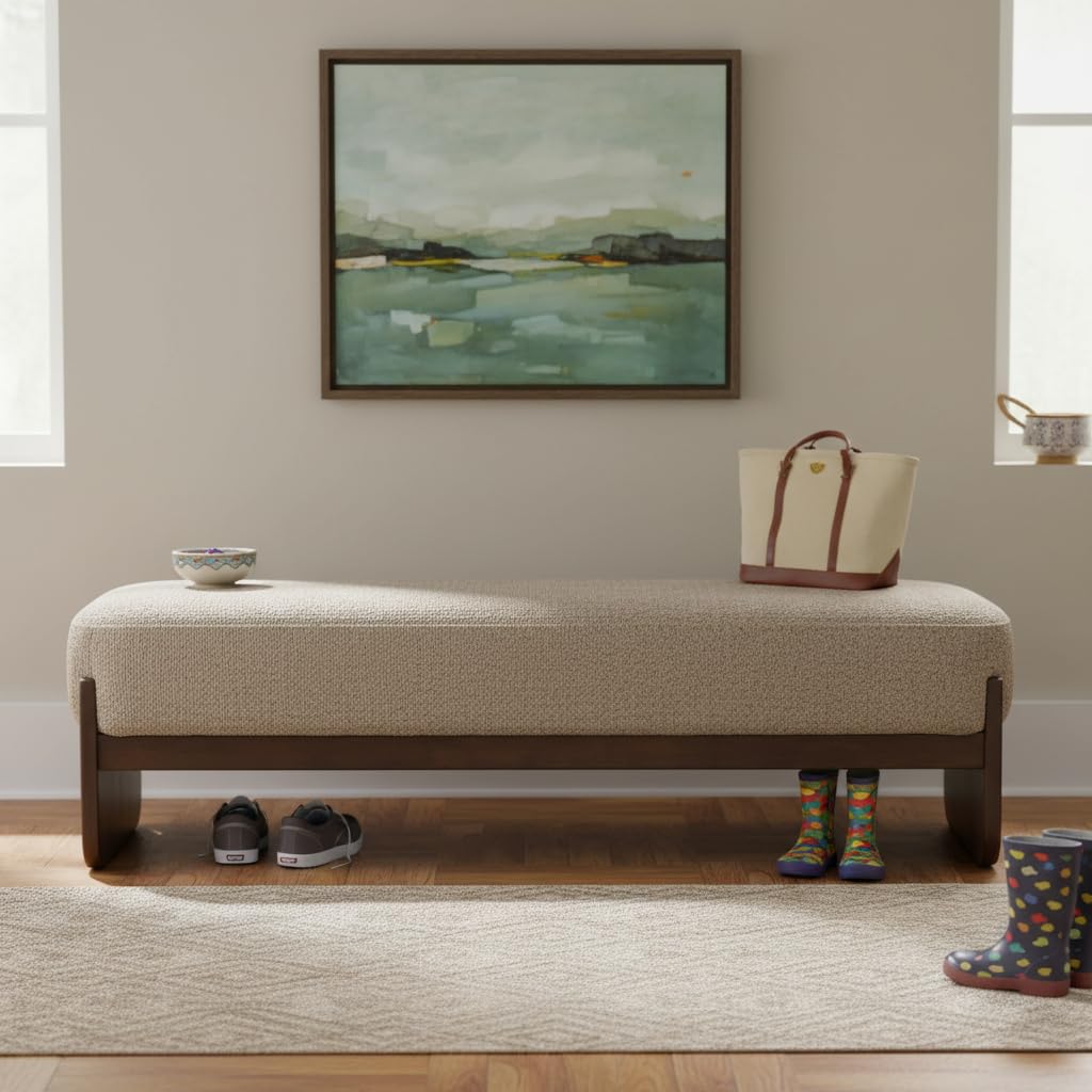 Arden Minimalist Style Rectangular Loop Yarn Fabric Ottoman Bench, Rubberwood Frame, Entryway Bench, Living Room Sofa