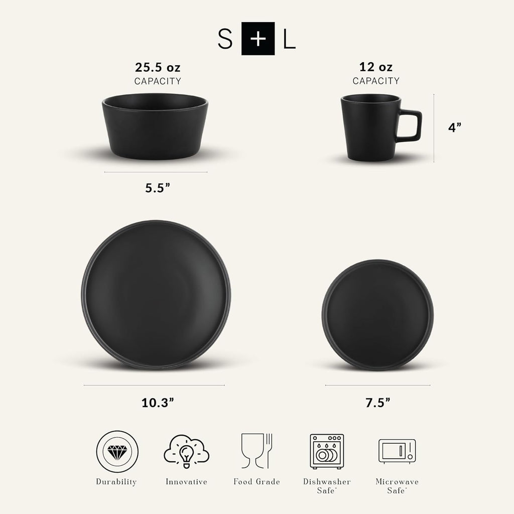 Celina Stoneware 32 Piece Modern Dinnerware Set, Plates and Bowls, Black Matte, Service for 8