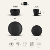 Celina Stoneware 16 Piece Modern Dinnerware Set, Plates and Bowls, Black Matte, Service for 4