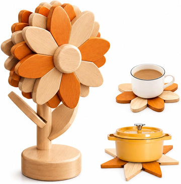 Sunflower Trivets for Hot Dishes, Wooden Tree Trivet Stand Set - Set of 5