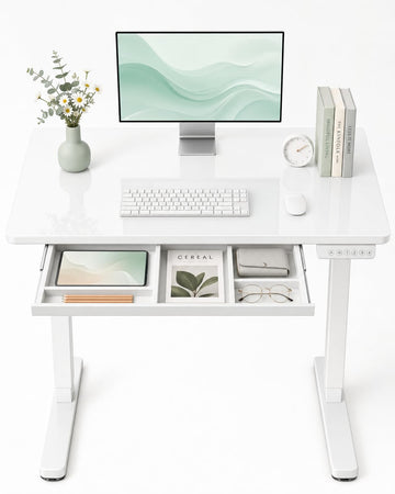 37 Inch Glass Standing Desk with 4-Zone Drawer Storage, Pearl White