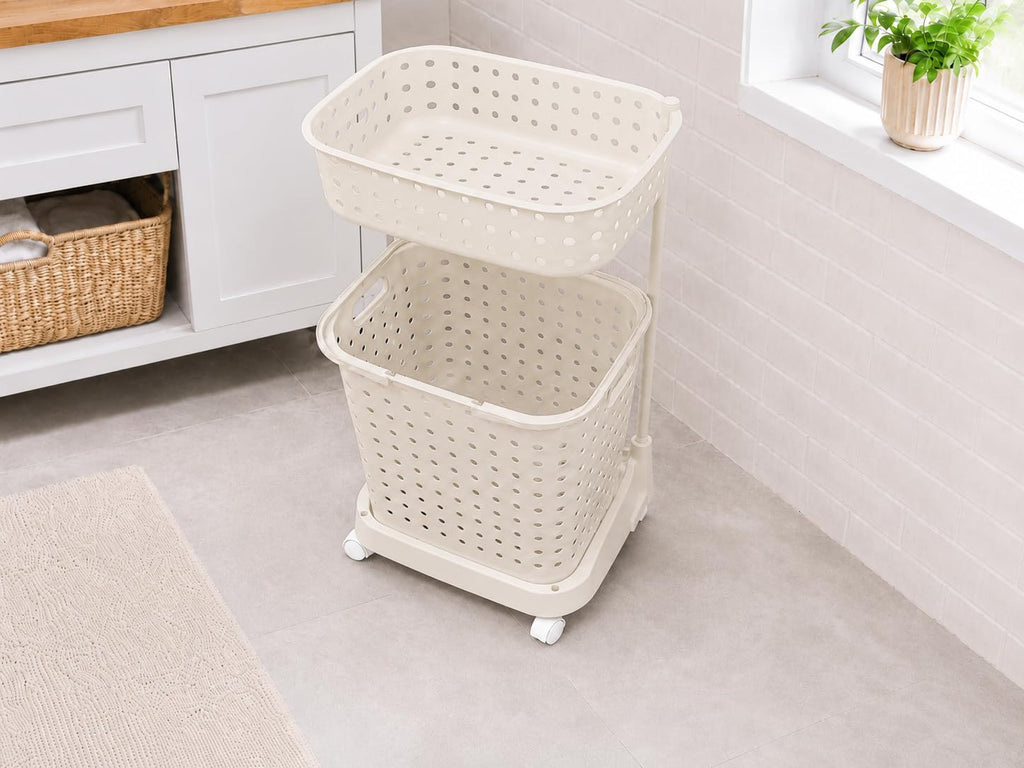 Slim Hamper with Wheels - 2 Tier Rolling Laundry Cart, Narrow Plastic Basket, Double Compartments, 360 Degree Swivel