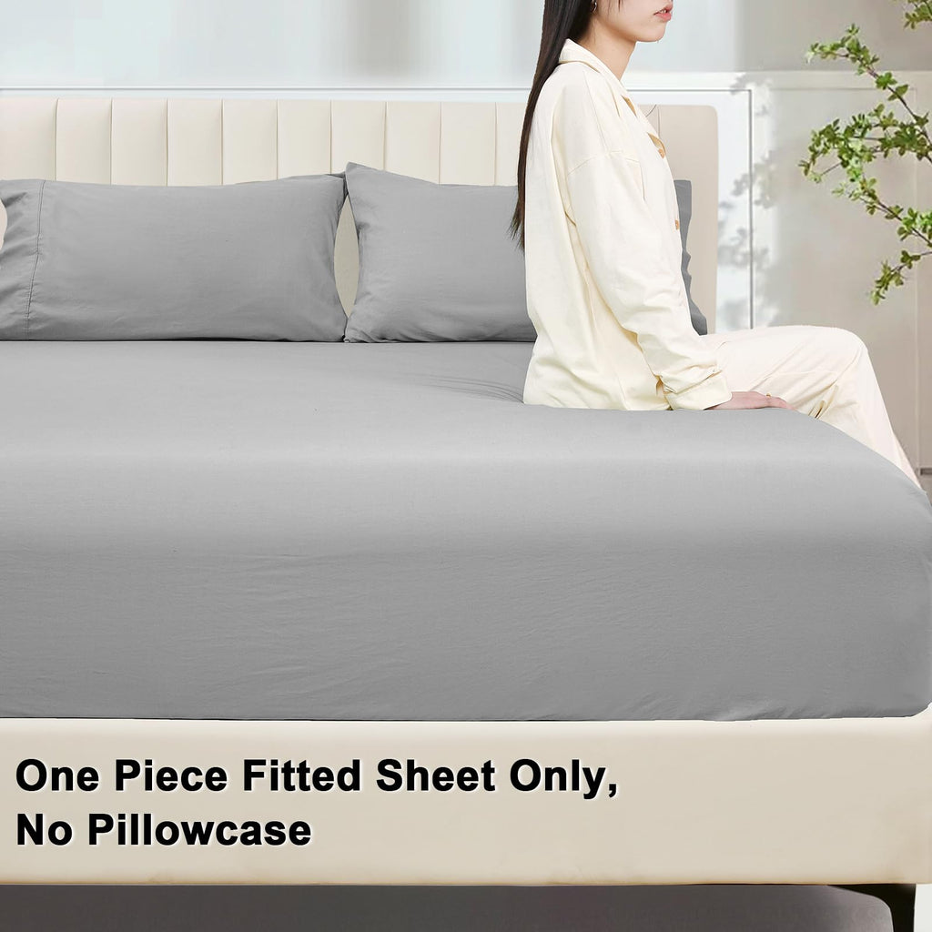 100% Garment Washed Cotton Fitted Sheet Queen Size - Cozy Cloud Soft Linen Like Bottom Sheet Only with Elastic Deep