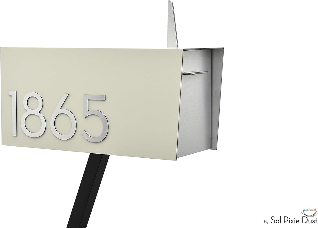 Contemporary Post-Mount Mailbox - Aluminum Ivory White Body with Aluminum Door, Numbers and Flag