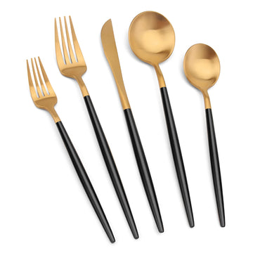 Matte Gold Silverware Set with black handle, 20 Piece Stainless Steel Cutlery Flatware Set, Kitchen Utensil Sets for