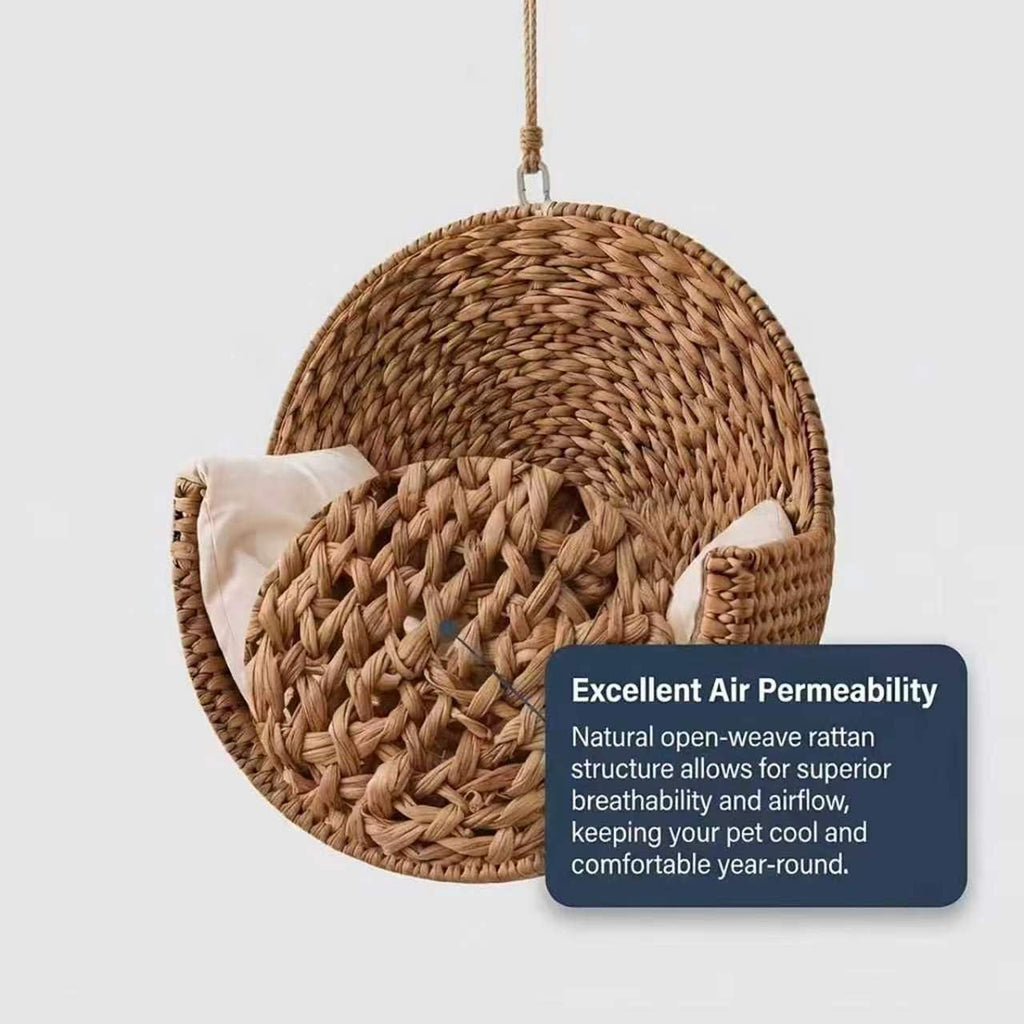 Hanging Cat Bed - Woven Rattan Wall-Mounted Pet Hammock with Soft Cushion